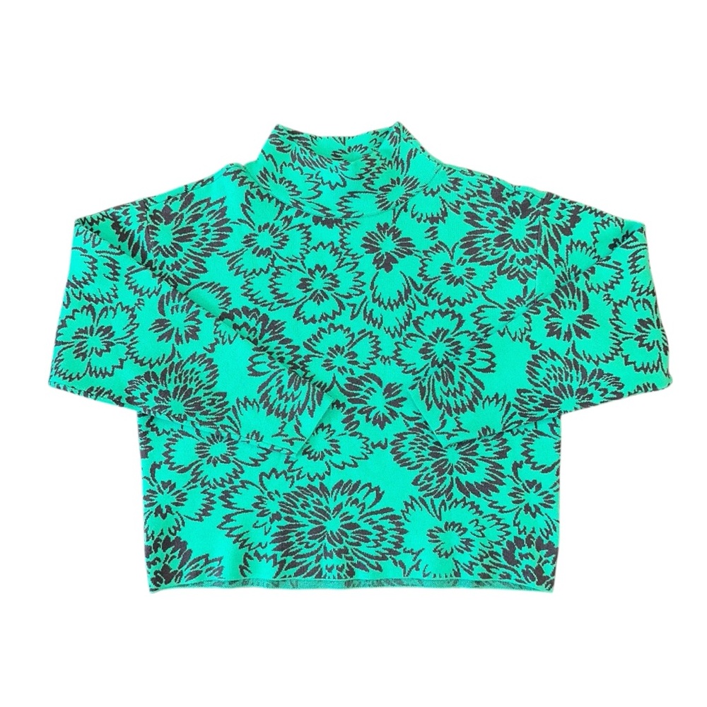 Anthropologie Maeve Carys Teal Green and Navy Floral Print Mockneck Sweater XS